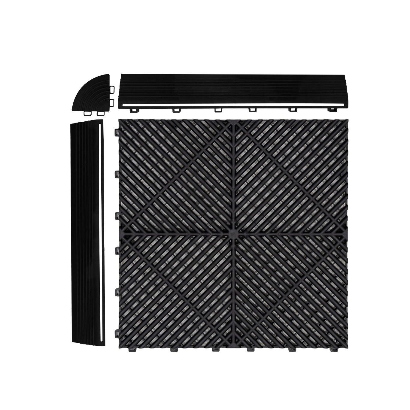 Shows the tile edges and where they clip onto the vented garage floor tiles.