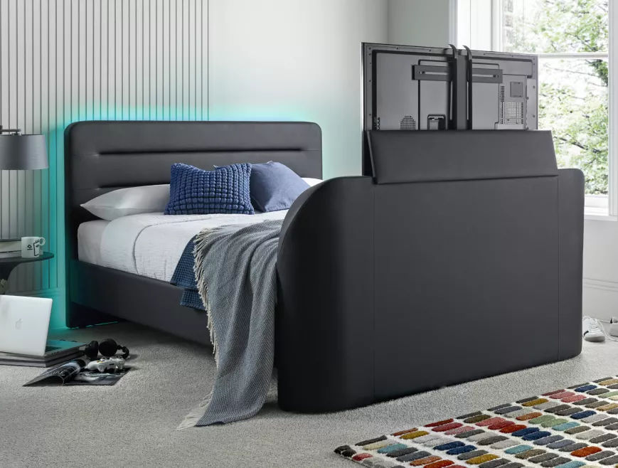 Fuzion Charcoal Faux Leather Upholstered TV Bed Frame