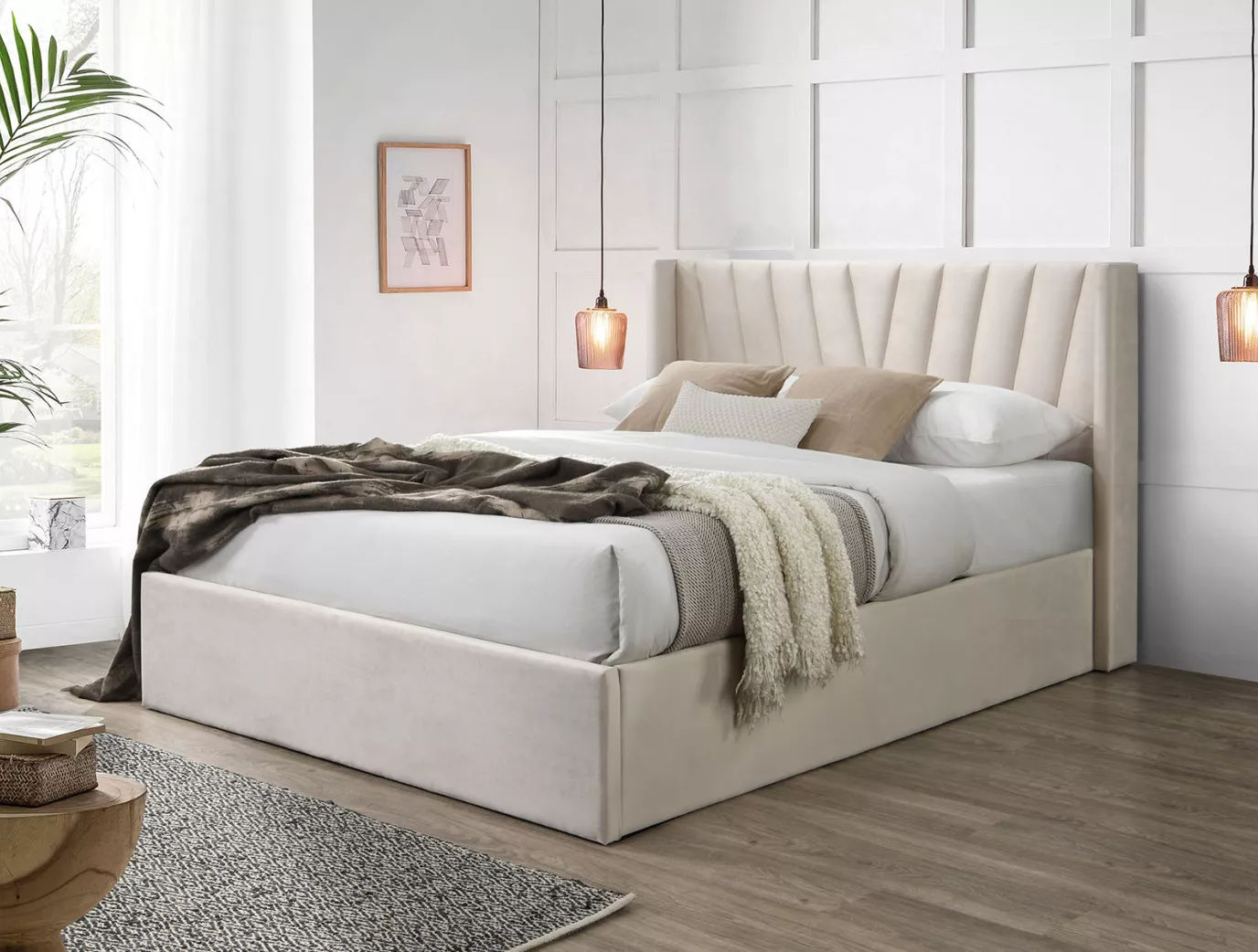 Salerno Beige Winged Upholstered Ottoman Bed Frame